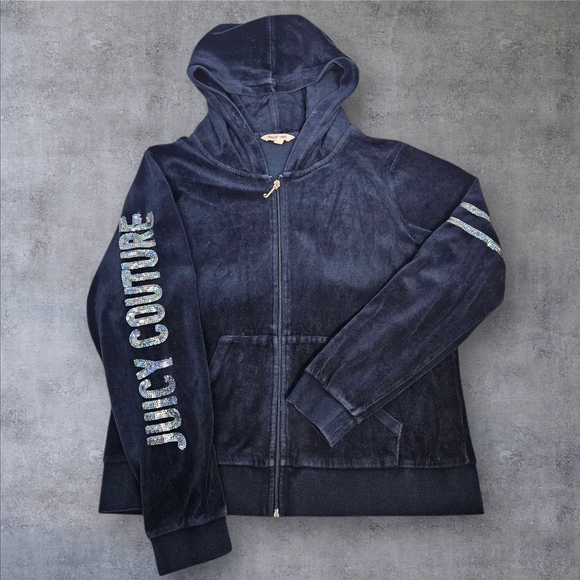 Juicy Couture Jackets & Blazers - Vintage Juicy Couture Navy Velour Bling Hooded Jacket Size Large Women's‎ L6